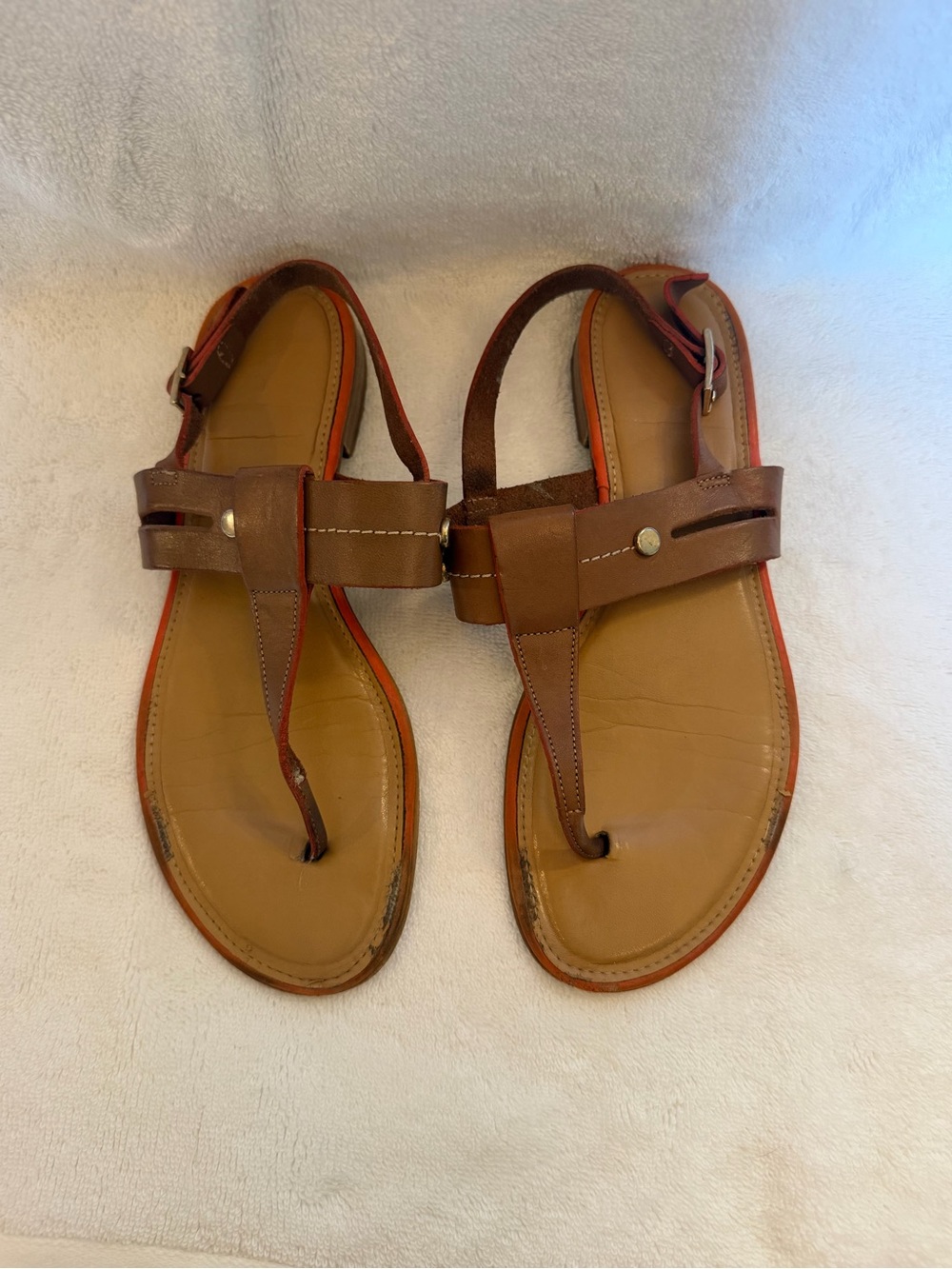 Women’s Brown Leather T-Strap Sandals with Ankle Buckle